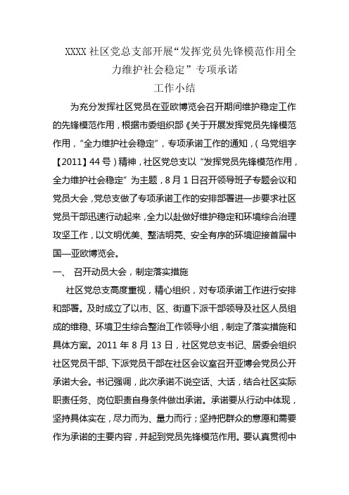 “发挥党员先锋模范作用全力维护社会稳定”专项承诺工作小结