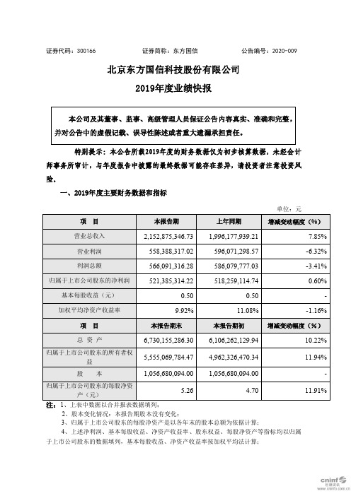 东方国信：2019年度业绩快报