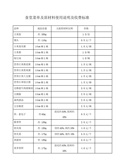 食堂菜单及原材料使用说明及收费标准