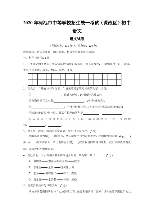 2020年河池市中等学校招生统一考试(课改区)初中语文