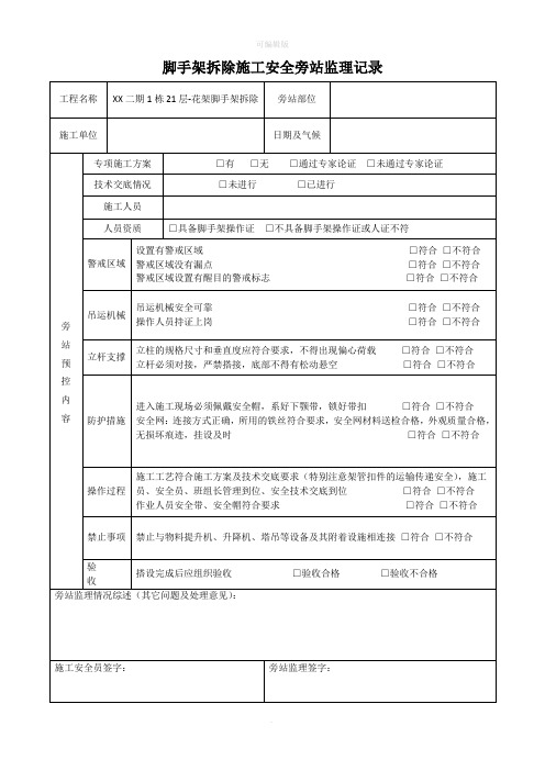 脚手架拆除施工安全旁站监理记录