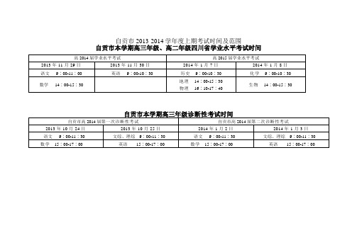 自贡市2013-2014学年上期考试时间及范围