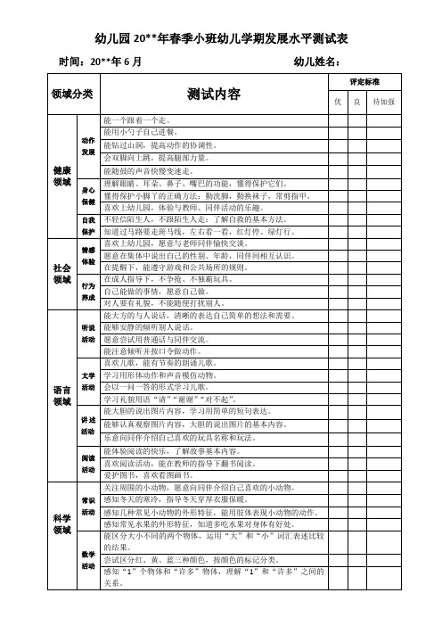 幼儿园春季小班幼儿学期发展水平测试表