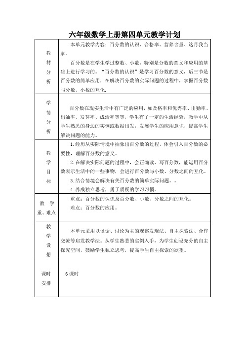 六年级数学上册第四单元教学计划