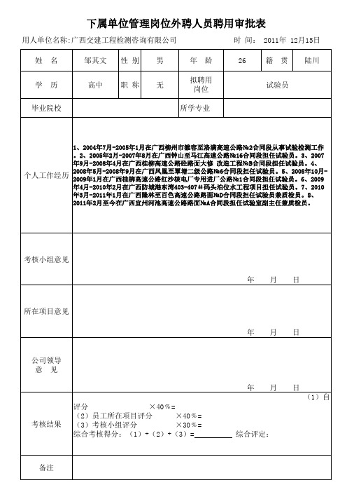 下属外聘管理岗位外聘人员聘用审批表