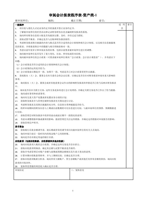 审阅会计报表程序表(资产类)