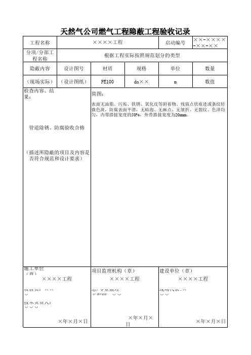 天然气公司燃气工程隐蔽工程验收记录