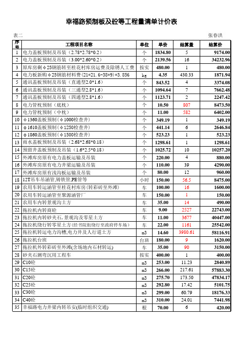 预制板及吊装等工程计价表